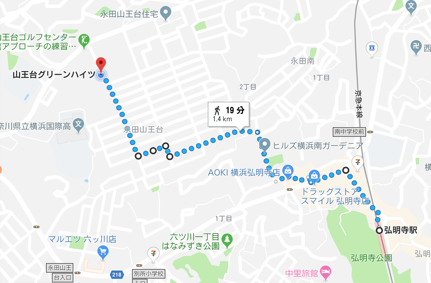 京急弘明駅からの徒歩経路